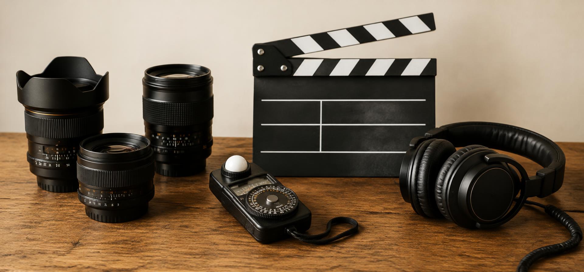 Camera lenses, a light meter, a clapperboard and headphones on a wooden table