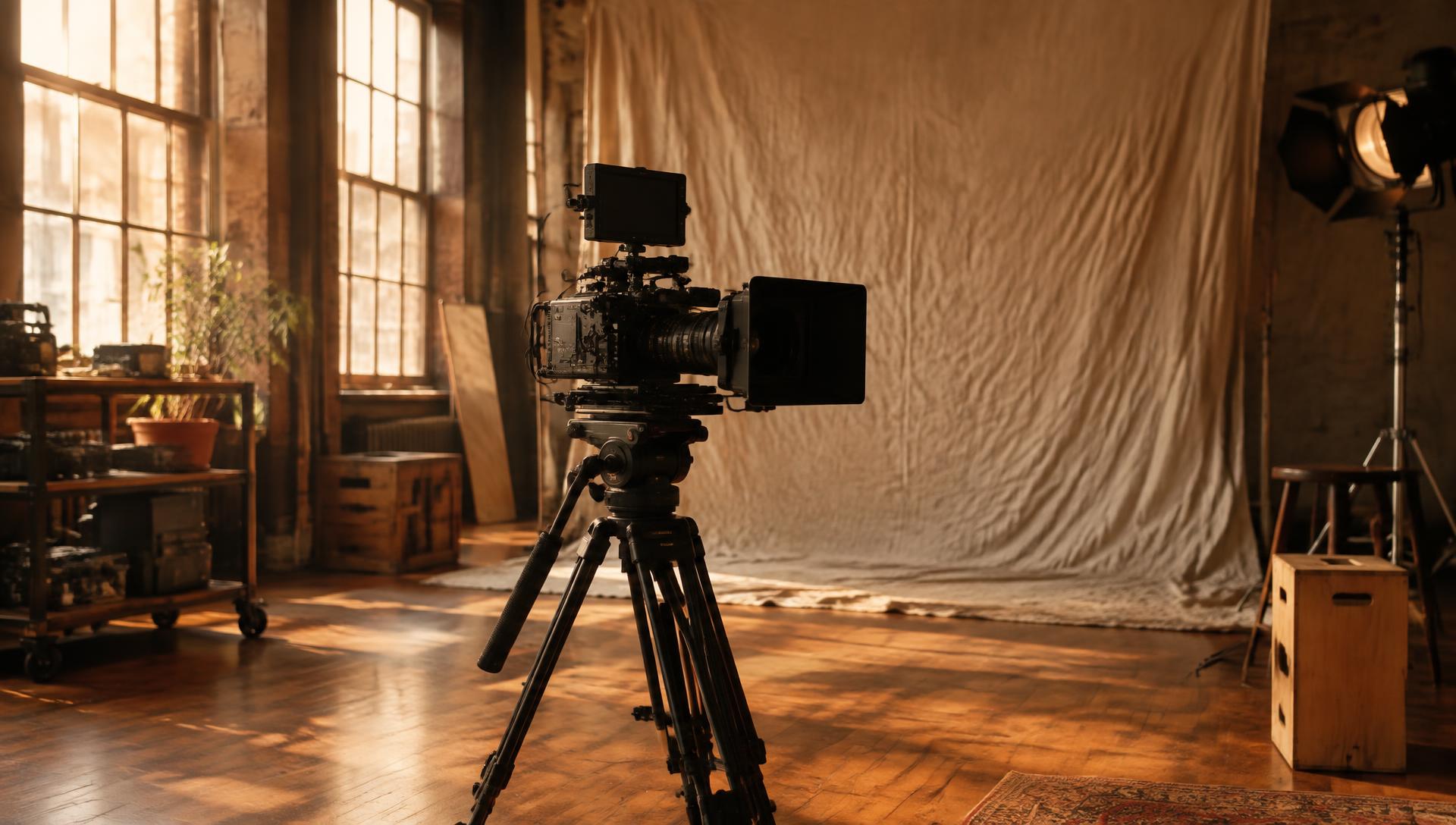 A cinema camera on a tripod in a warm, sunlit studio